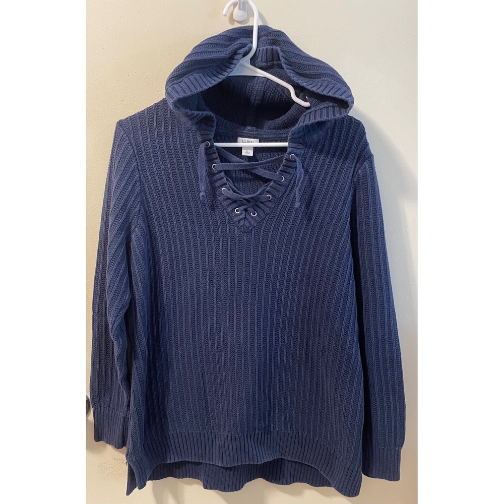 L.L.Bean navy blue nautical beach ribbed knit tie neckline hoodie sweater